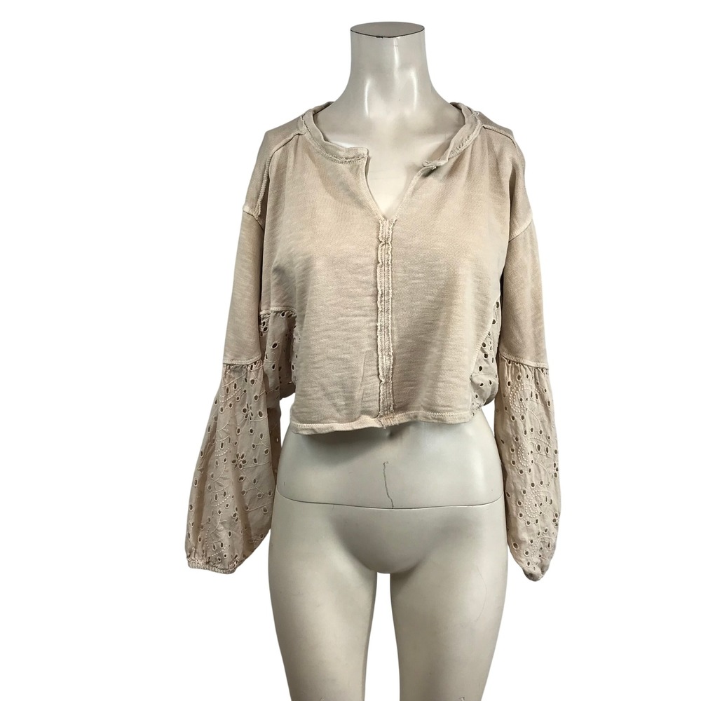 Pilcro Women Beige Cotton Eyelet Lace Balloon Sleeve Cropped Top Small OB1732581